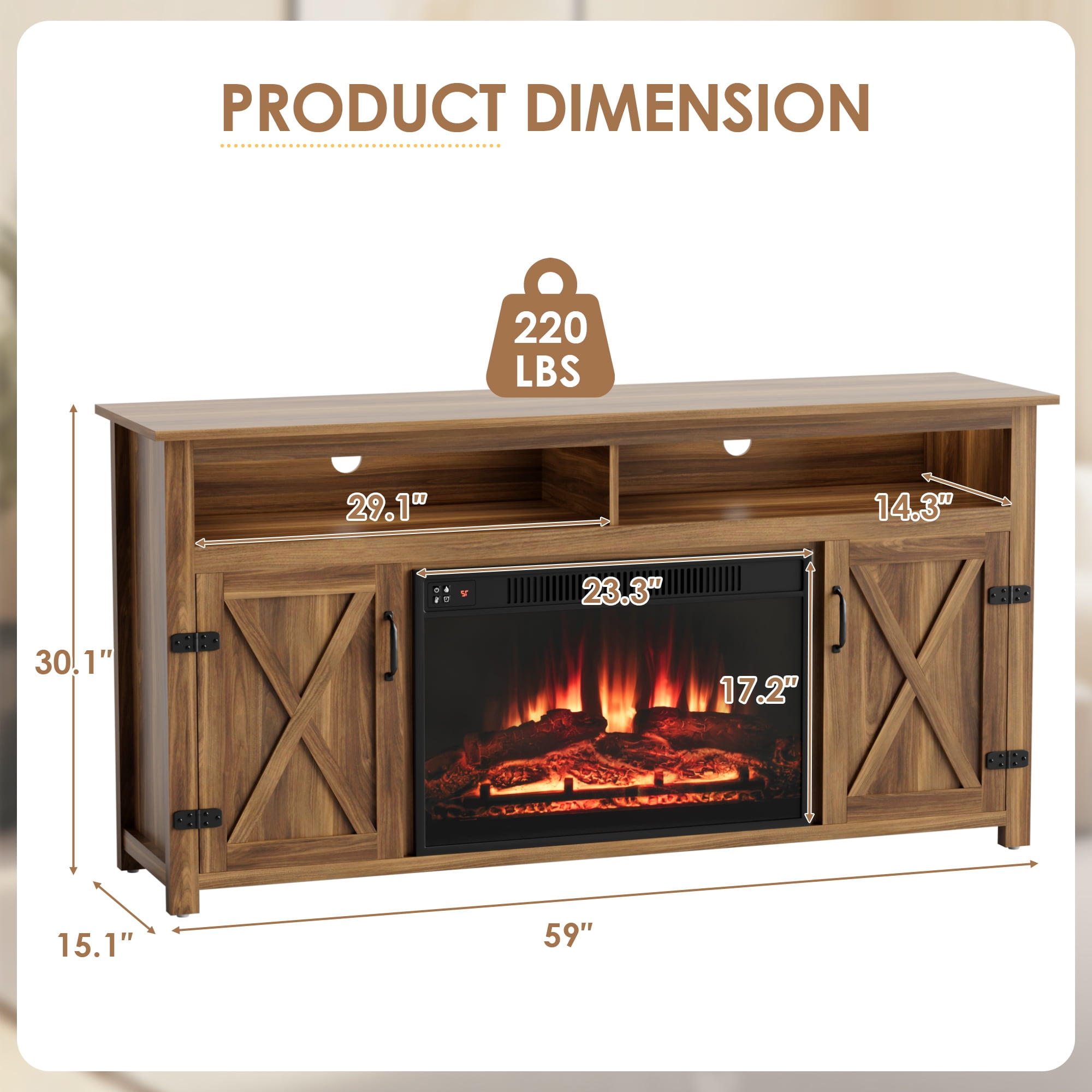 Homall Fireplace TV Stand Farmhouse TV Stand for TVs up to 65 inch with 26" Fireplace Rustic Multimedia Entertainment Center Media Console for Living Room with Barn Doors,Dark Brown