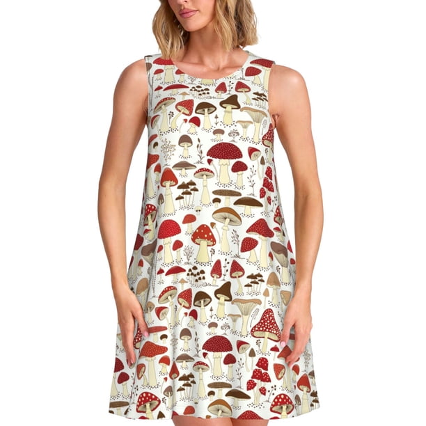 Fotbe Cartoon Mushrooms Vestido de Verano sin Mangas para Mujer – Vestido Midi Línea A, Estilo Camiseta Floral, Vestido Playero Casual y Fluido