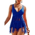 thumbnail image 1 of Pudcoco Ensembles de Bikini à Franges pour Femmes, Couleur Unie, Été, 2 Pcs, Débardeurs Sans Manches à Col en V Profond + String Taille Haute, 1 of 3