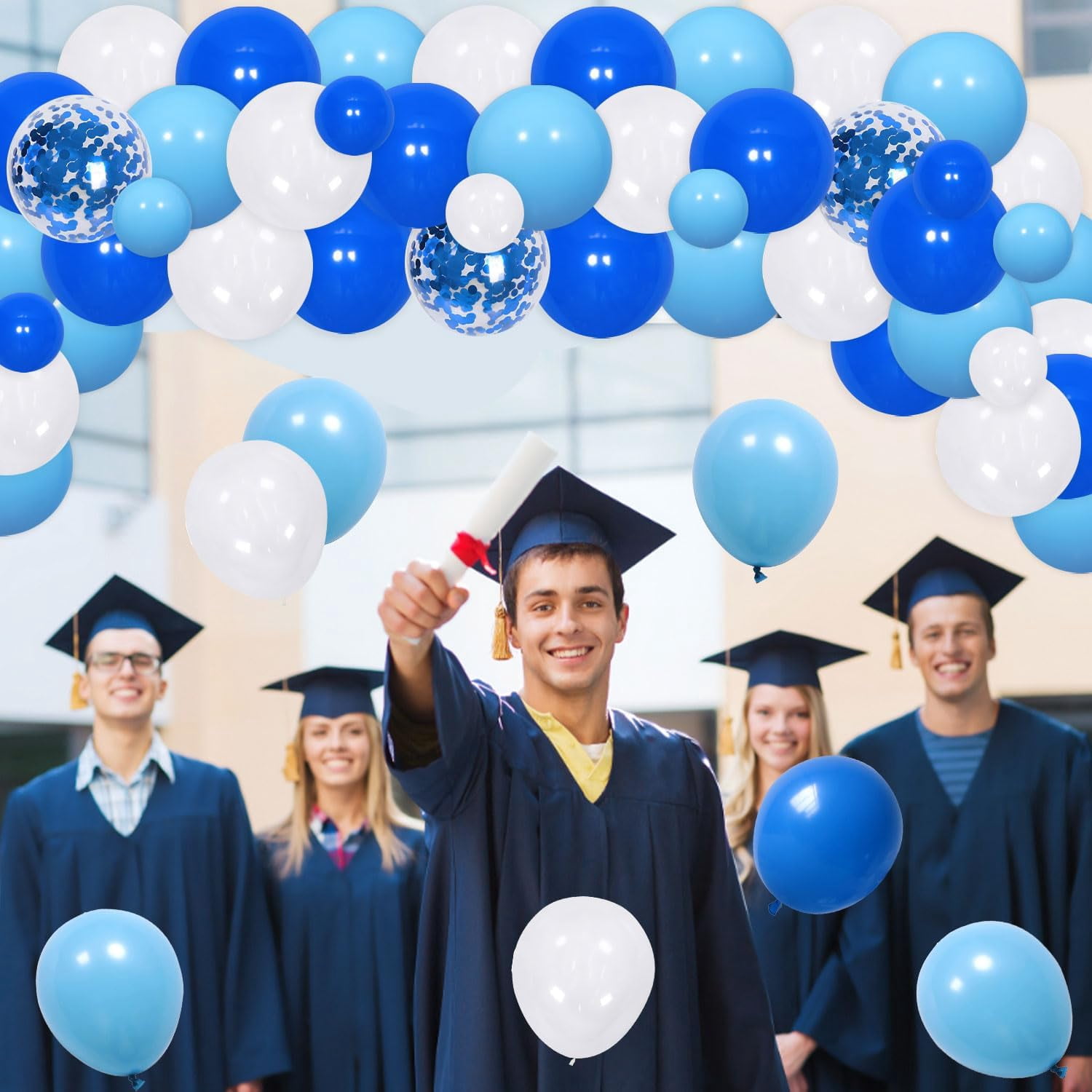 65Pcs Congrats Grad Decorations 2024, Light Blue Graduation Decor with Photography Backdrop Fireworks Bachelor Cap Little Star Printed Blue Wihte Black Balloon Garland Arch Kit for Class of 2024 Grad
