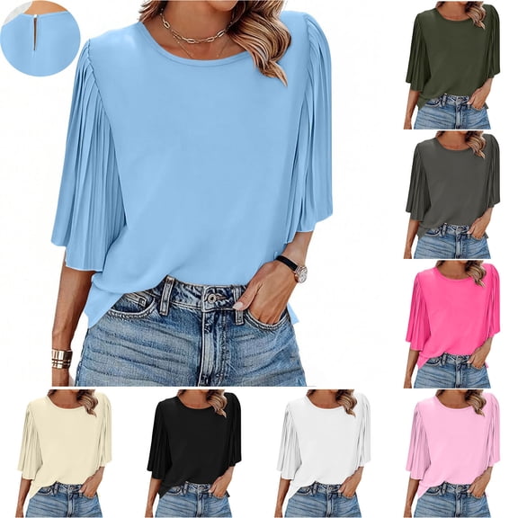 Women's Chiffon Pleated Flared Sleeve Blouse Shirt Top with Back Button Up Round Neck Five Quarter Sleeve Fashionable Loose Fit Breathable Summer Casual | CSEONE,Black L