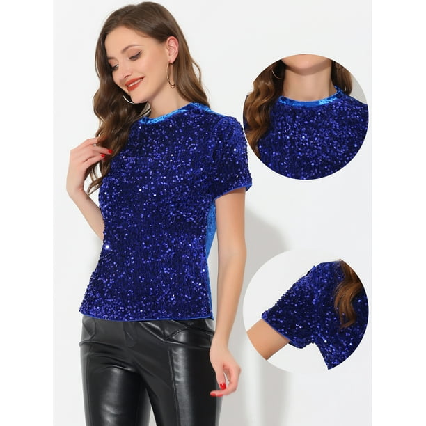 Blusa de fiesta de manga corta con cuello redondo y lentejuelas de terciopelo para mujer Azul brillante S Allegra K Camisa