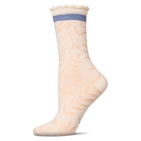 MeMoi Women's "Fern Leaf" Cotton-Rich Scallop-Edge Crew Sock - Womens - Female, 9-11, Ivory