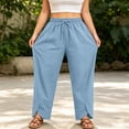 thumbnail image 4 of Favoffer Women's Plus Size Linen Pants Solid Color Drawstring Elastic Waist Pocket Side Slit Loose Long Trousers Breathable Summer Bottom for Outdoor, 4 of 7