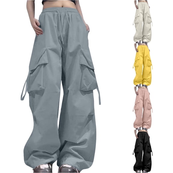 Gunia Plus Size Women Cargo Pants Relaxed Fit Baggy Black Pants High Waist Zipper Slim Drawstring Waist With Pockets Loose Plus Size Summer Trousers