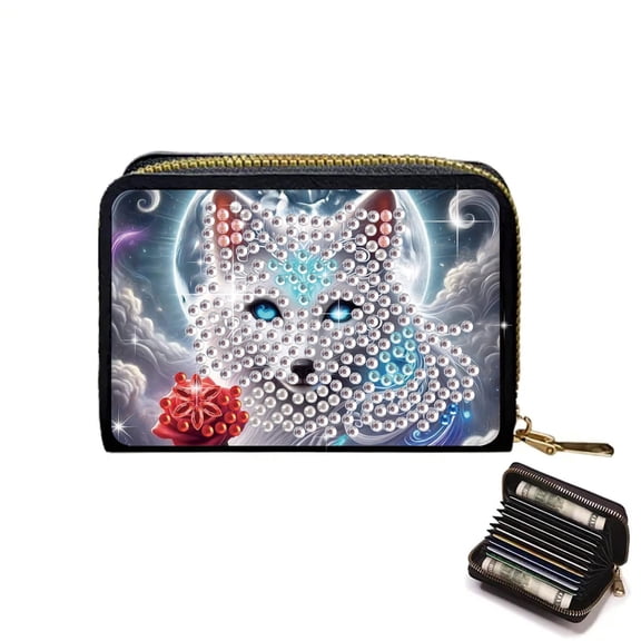 DIY Diamond Painting Kit Card Holder Charming Fox Design Portable Card Slot Mini Wallet Creative Gift for Storing Bank Cards and Coins