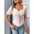 thumbnail image 6 of Women'S Solid Color Casual Short Sleeves Pullover Slim Pleated Short Top Comfort Drawstring Tops Apricot M, 6 of 9