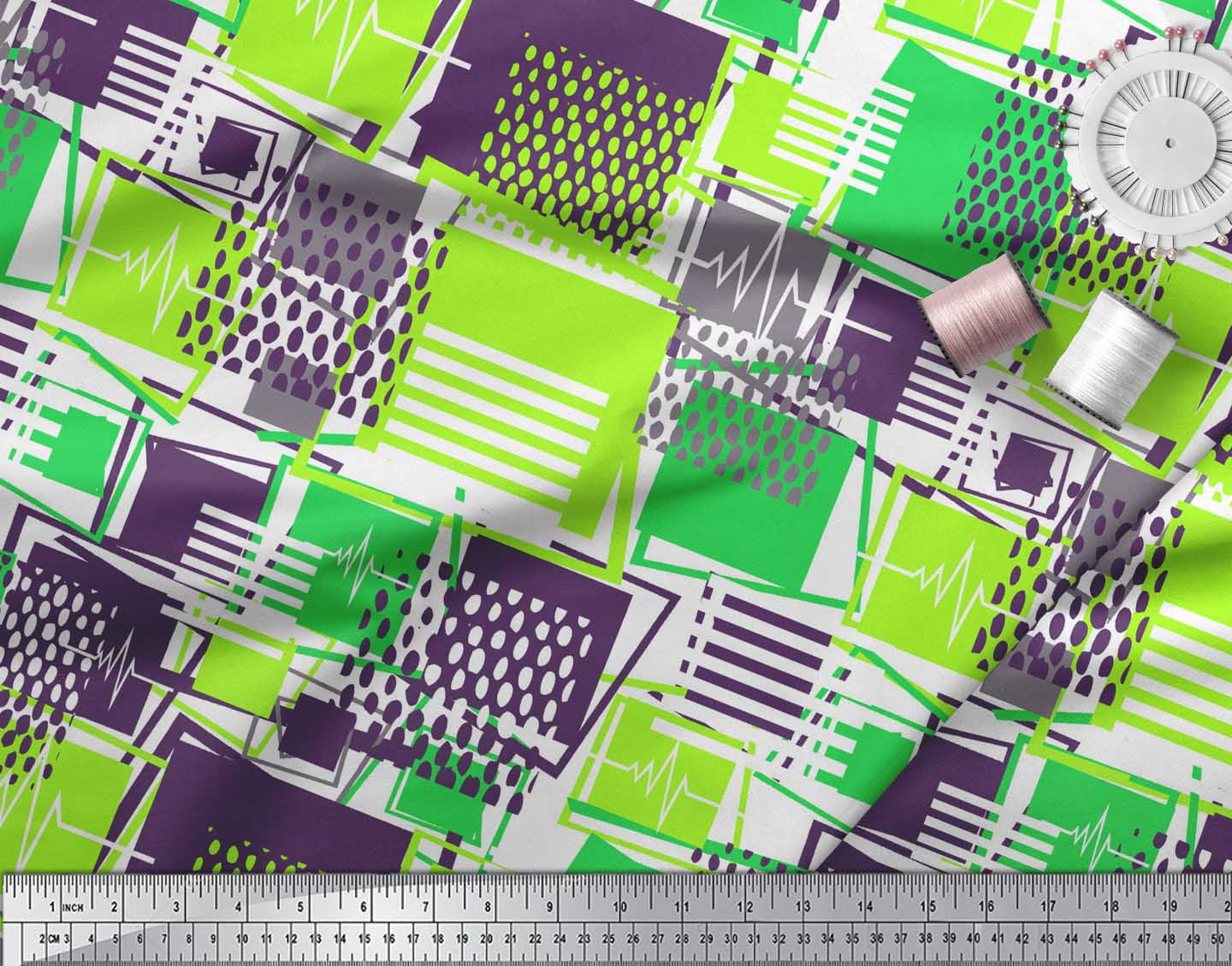 Soimoi Green Japan Crepe Satin Fabric Geometric Abstract Printed Fabric 1 Yard 42 Inch Wide