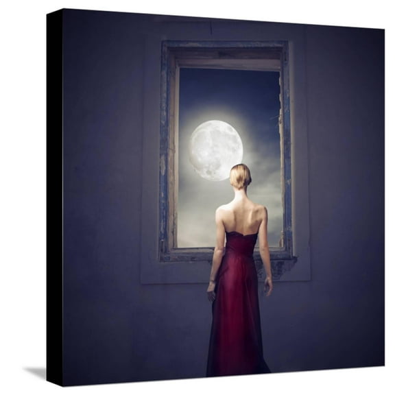 Art.com Beautiful Woman Observing the Moon from a Window Stretched Canvas Print Wall Art by olly2, 16" x 16"