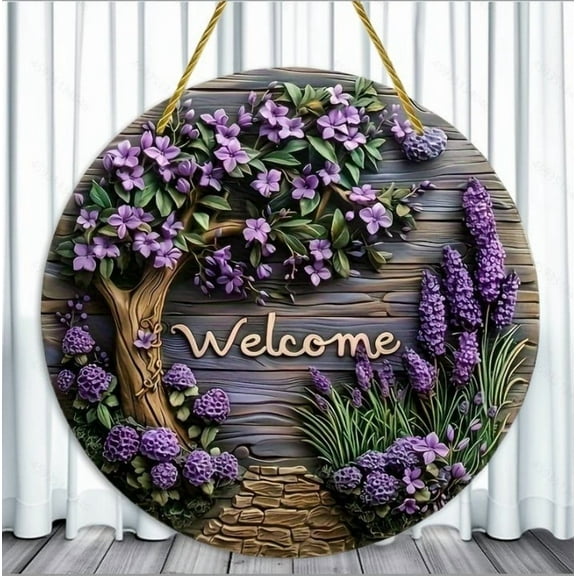 Welcome Signs for Front Door Decorations, Purple Wooden Round Lavender Floral Welcome Signs, Rustic Style Front Door Signs, Fall Home Decarations Welcome Sign for Front Door Front Porch