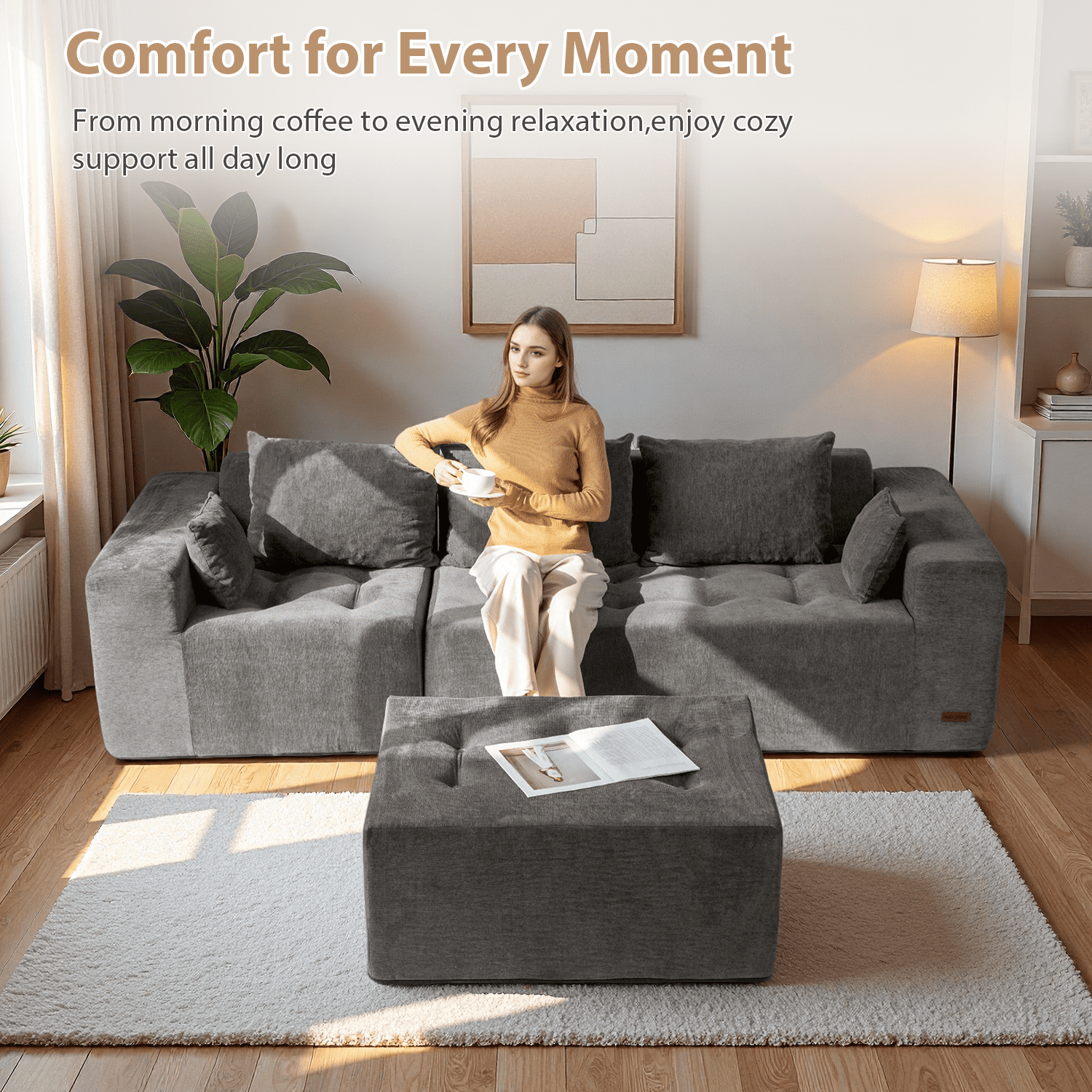 BYBYME Cloud Sectional Couch with L-Shape Chaise Modern Comfy Modular Chenille Sofa for Living Room,Tufted 4-Seat Sleeper Chair with 1 Ottoman,Sofa in A Box,No Assembly Required,Grey