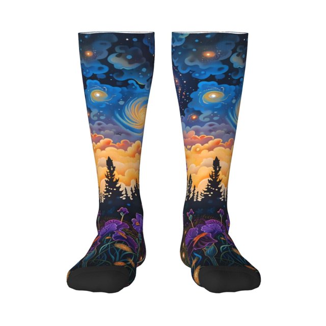 Fotbe Cosmic Irises At Twilight Calcetas Divertidas Estampadas para Hombre y Mujer, Calcetas de Algodón hasta la Rodilla para Caminar, Correr, Enfermería y Embarazo