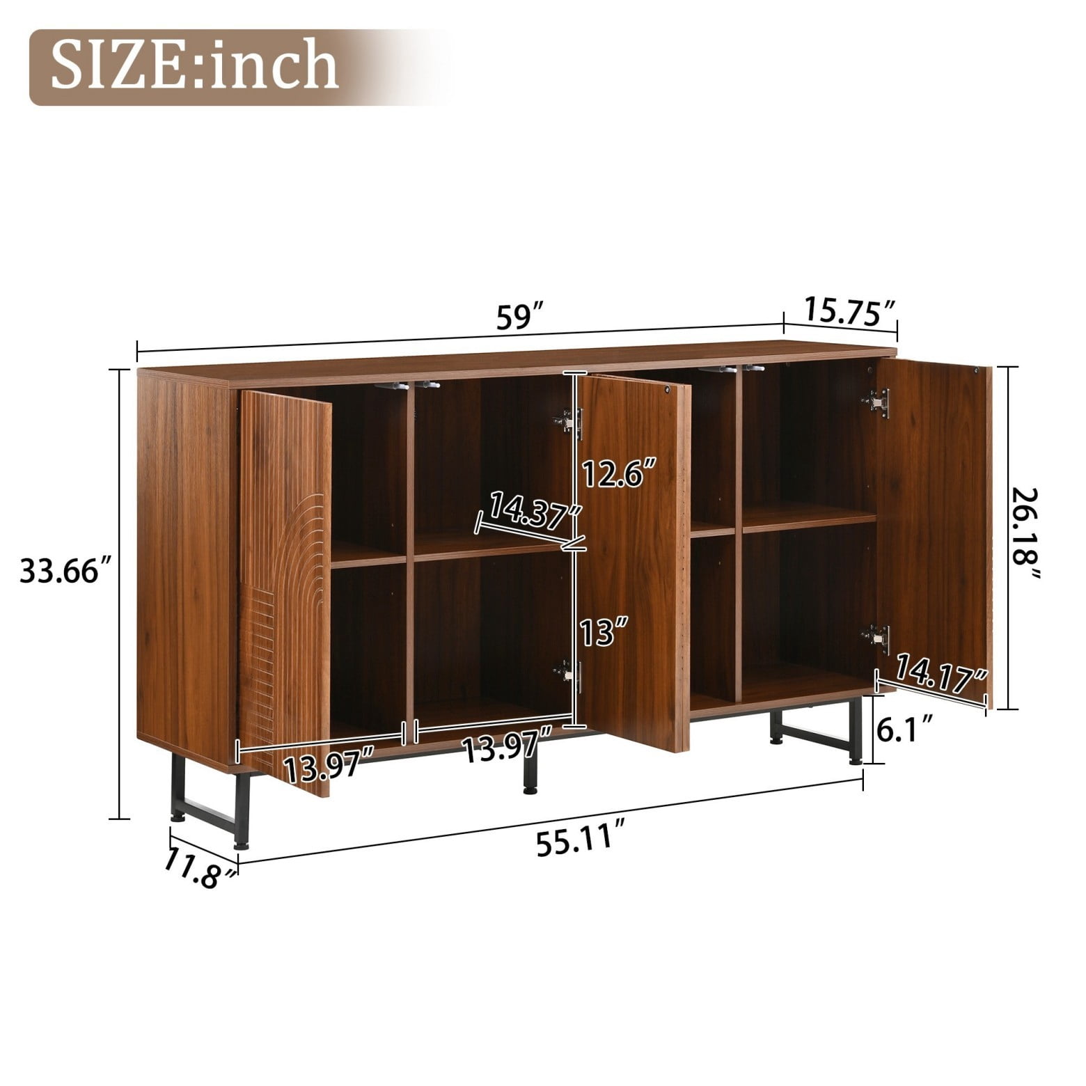 Mid Century Modern Sideboard Cabinet, 59" Walnut Buffet Cabinet with Geometric Carved Doors, Storage Credenza with Metal Legs, Multi-Purpose Cabinet for Living Room Dining Room Entryway