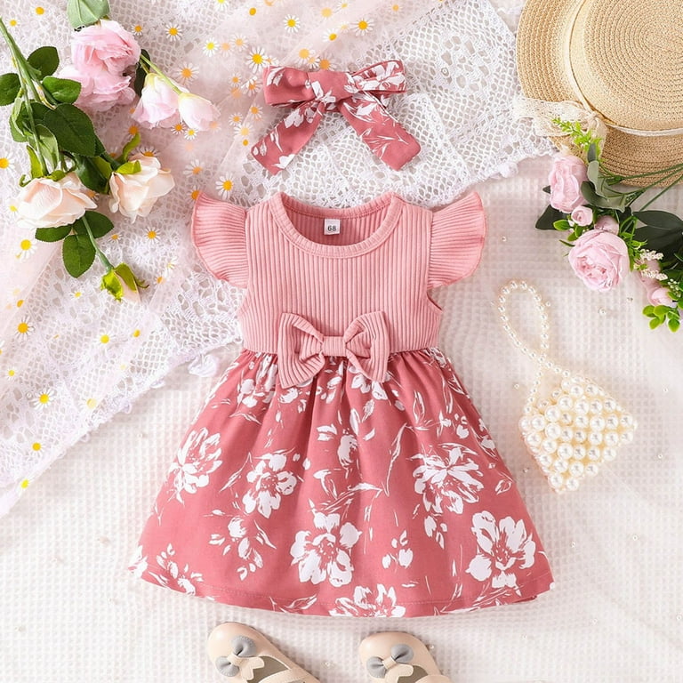 Yindaity Baby Girl Romper Flower Dress Dresses Lace Ruffle Festival Clothes with Headband for 3 6 9 12 18 Months Baby Girl Clothes 9-12 Months (Pink,9