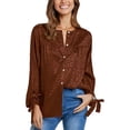 thumbnail image 4 of Blusa Manga Larga Correa Puño Cuello Redondo Sedoso Botón Abajo Casual Moda Cardigan Tops para Mujer Marrón L, 4 of 8