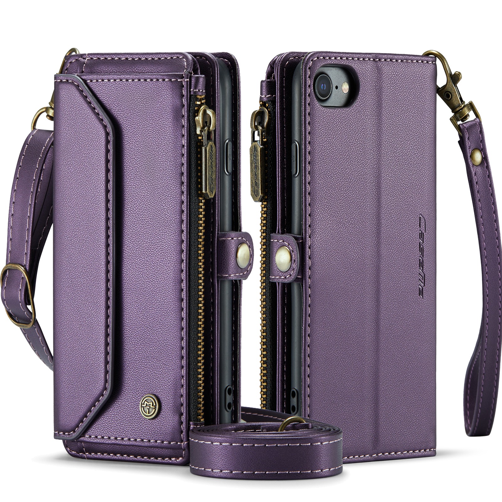 ShellTech Crossbody Wallet Women Men Case for iPhone 7/8/SE 2nd/3rd Gen,Magnetic Leather Flip Case RFID Blocking 7-Card Holder Zipper Wallet Cash Pocket Stand Cover with Shoulder Wrist Strap,Purple