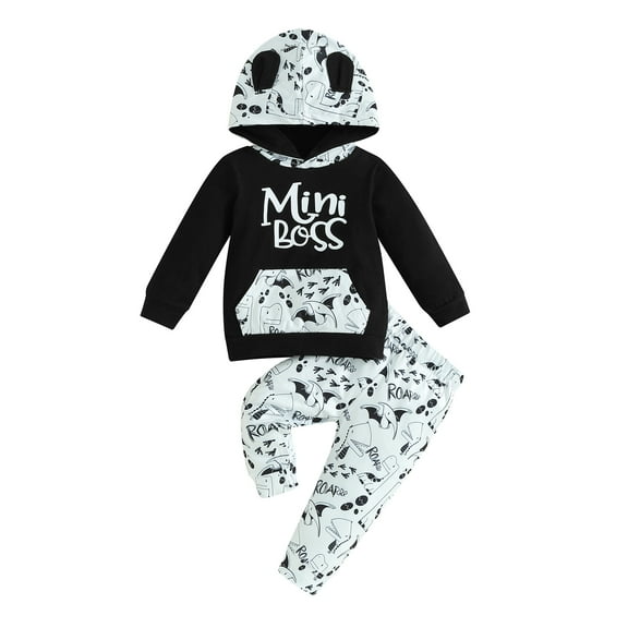 Musuos Baby Boy Pants Suit 6 12 18 24M Cartoon Ear Decoration Letter Printing Big Pocket Sweater + High Waist Trouser Suit
