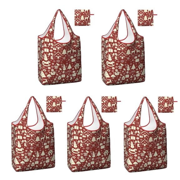 5 Pack Foldable Shopping Bag,Red Christmas Icon Pattern Reusable Grocery Bags with Pockets,Large Reusable Tote Bags with Handles Waterproof & Lightweight