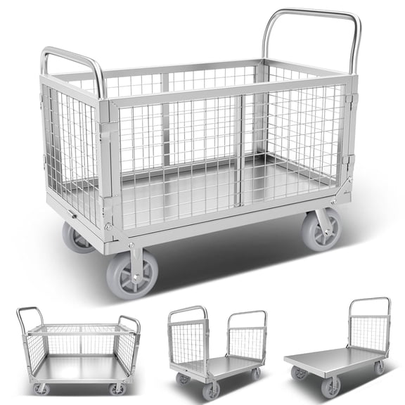 2000lbs Capacity Platform Truck Cart with Cage 6-in-1 Multi-Purpose Flatbed Cart 39"x24" Foldable Heavy Duty Push Cart Dolly W/Swivel Wheel & Rmovable Side for Groceries, Garage, Warehouse, Laundry