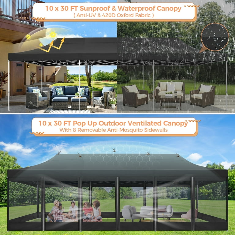 SANOPY 10x30 FT Pop Up Canopy with Removable 8 Piece Mesh