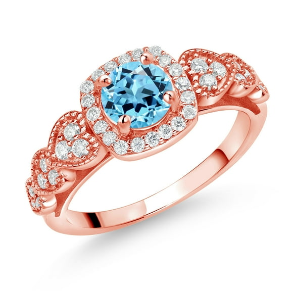 Gem Stone King 18K Rose Gold Plated Silver Swiss Blue Topaz and White Moissanite Engagement Ring for Women (1.38 Cttw, Round 6MM, Gemstone November Birthstone, Size 7)