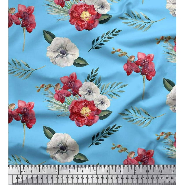 Soimoi Blue Cotton Poplin Fabric Leaves,Anemone & Peach Floral Print Sewing Fabric BTY 56 Inch Wide