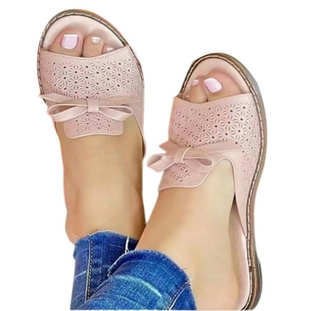 

Women\ s PU Sandals with Bowknot Decor Flat Heel Summer Slide Shoes for Beach