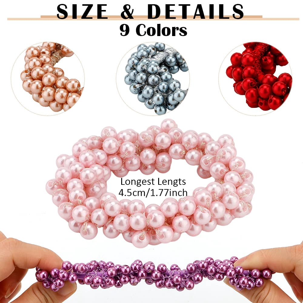 9Pcs Pearl Hair Ties, Crystal Beads Bulk Hair Ropes Stretchy Handmade  Hair Accessories for Women Girls, Multi-color Pearl