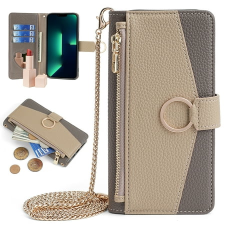 ELEHOLD for Samsung Galaxy S22 Plus Leather Wallet Case with Card Slots Cash Pocket Zipper Purse Hidden Mirror,Luxury Crossbody Metal Chain Strap Wallet Case for Women Girls,gray