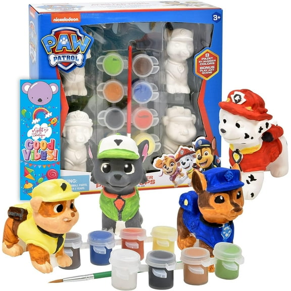 Paw Patrol Paint Your Own Figurines Art Craft Set with Marshall Rubble Chase and Rocky, Paint Pots, Paint Brush and Bookmark