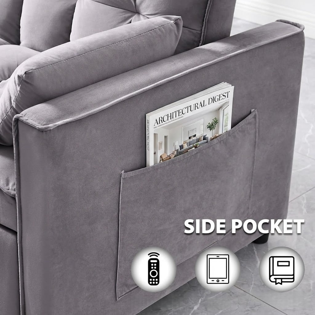Xiweot Convertible Sleeper Sofa Bed, 55" Pull Out Couch with Side Pockets, 3 in 1 Velvet Loveseat Sofa with Adjustable Backrest for Living Room Bedroom Apartment (Dark Gray)