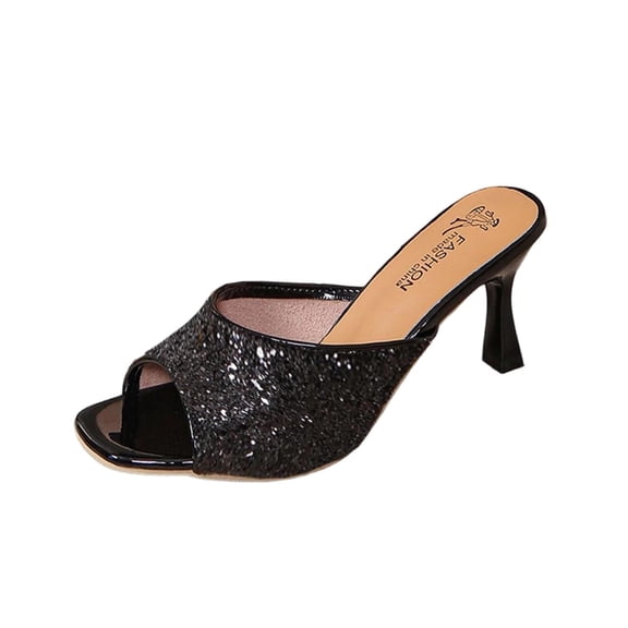 Xfvqtps Womens Glitter Slide Heels Sparkly Open Toe Chunky Heel Sandals Party Night Out Evening Shoes Fashionable Block Heel Slippers for Special Events