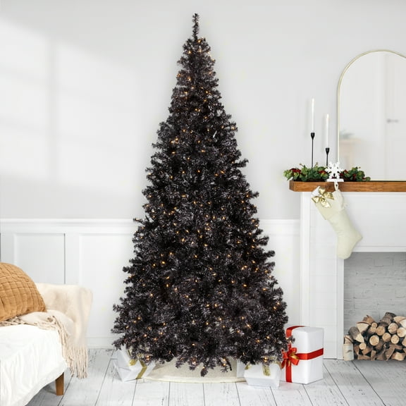 Northlight Pre-Lit Artificial Tinsel Halloween Tree - 9' - Black - Clear Lights