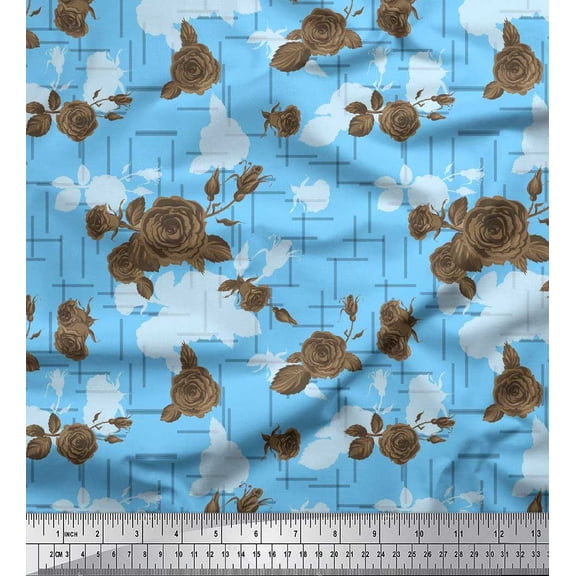 Soimoi Blue Cotton Duck Fabric Leaves & Austin Rose Floral Print Fabric by the Yard 42 Inch Wide