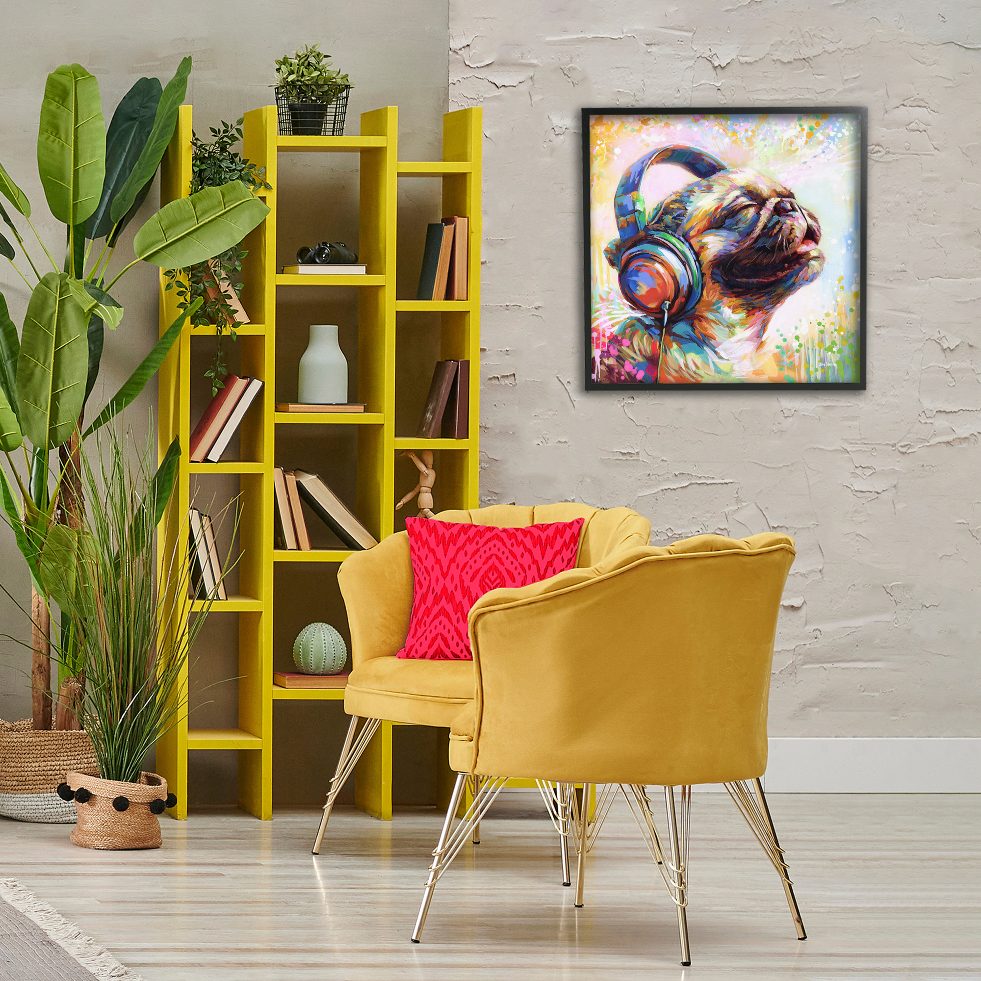 Stupell Industries Blissful Music Pug Animals & Insects Painting Black Framed Art Print Wall Art, 24 x 24