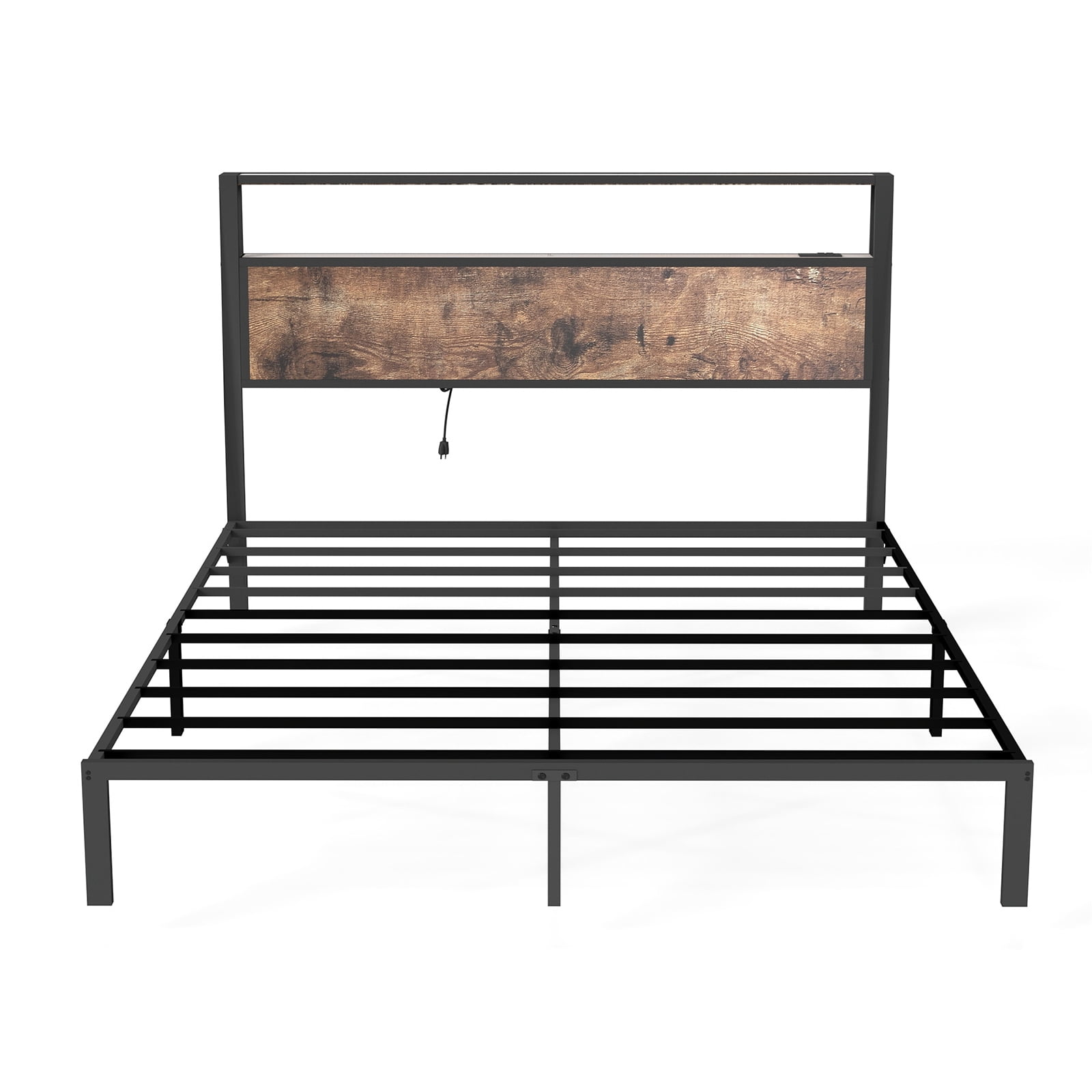 Leumius Full Size Bed Frame with Headboard, Platform Bed with RGB LED Light & Charging Station & Under Bed Storage Space, Easy Assembly, Brown