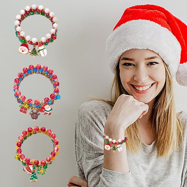 Set de pulseras de Papá Noel con muñeco de nieve con árbol de Navidad - Pulseras festivas de aleación de 3 piezas para mujer, joyería navideña multicolor con cuentas, ajustable de 7 pulgadas