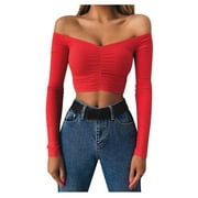 Beppter Shirts for Women Straight Shoulder Pleated Slim Tee Shirt Top Solid Color M Red