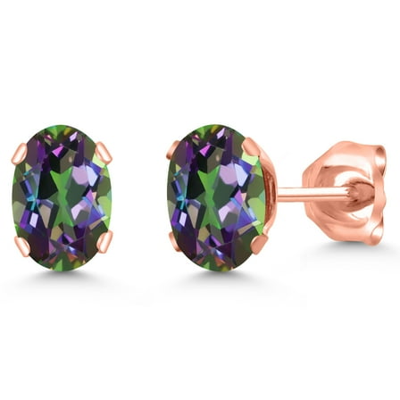 Gem Stone King 1.10 Ct Oval Shape Green Mystic Topaz 18K Rose Gold Plated Silver Stud Earrings for Women Men