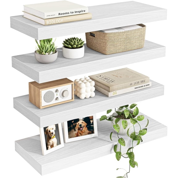 15.8in Floating Shelves, Rustic Wood Finish Wall Shelves Set of 4, Shelves for Wall Decor, with Invisible Brackets for Bathroom, Living Room,Bedroom and Kitchen(White)