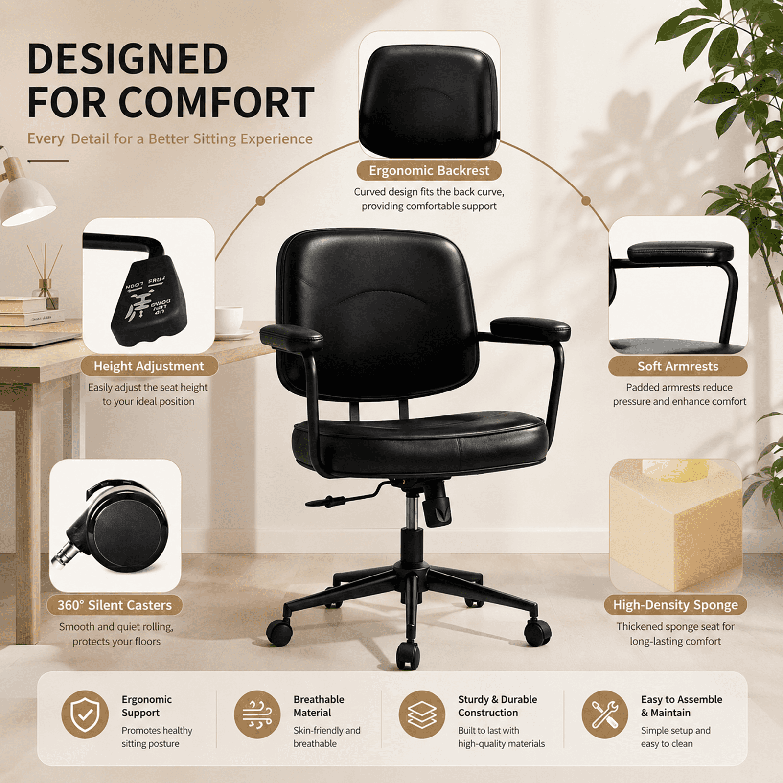 Ergonomic Office Chair, PU Leather Executive Desk Chair with Fixed Armrests, Adjustable Height, Rocking Function, 360° Swivel Rolling Wheels Black