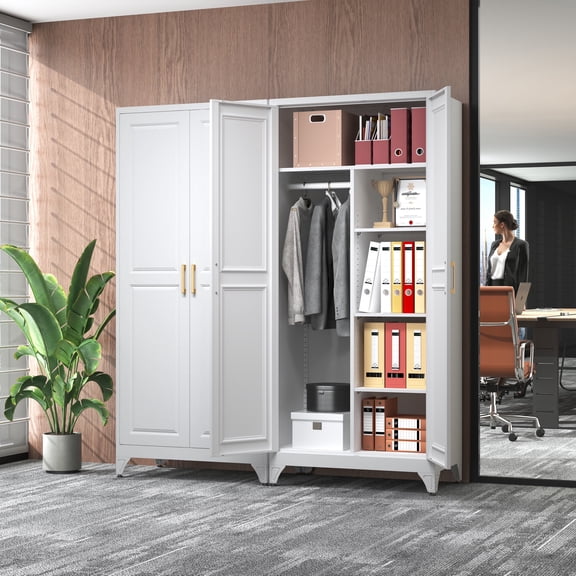 Polup Metal 71“ H Armoire Wardrobe Closet, Adult White Wardrobes with Doors ,Hanging Rod