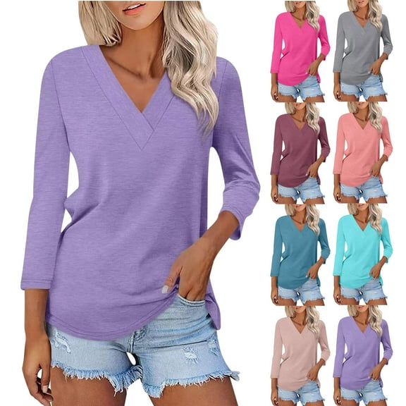 Swuxness Women 3/4 Sleeve Casual Shirts, Spring and Summer Tops, Ladies V-Neck Solid Color Comfortable Fashion Loose Pullover Tee Pink, M
