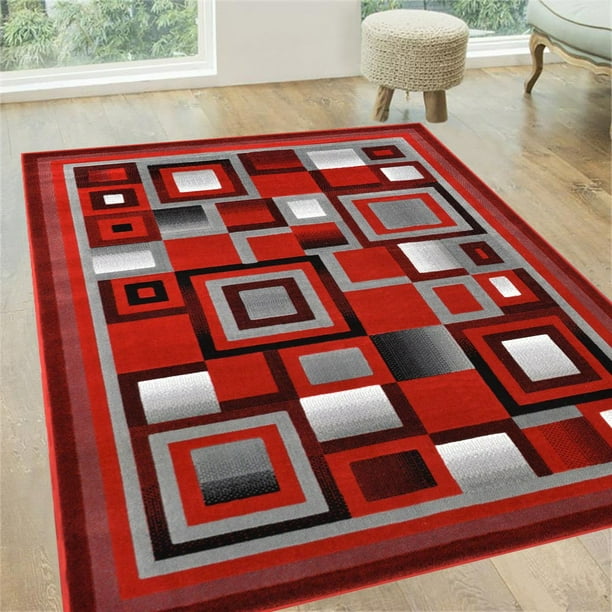 HR Rugs Red Gray and Black Abstract Geometric Modern Squares Pattern