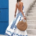 thumbnail image 3 of Blue & White Boho Maxi Dress With Spaghetti Straps, V-Neck, Backless Tie Detail And Ruffle Hem, 3 of 8