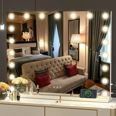 Yamissi Lighted Makeup Mirror, 40" X 32" Large LED Vanity Mirror, 10 Magnifying Mirror Wall Mount, Desk Table Mirror, White