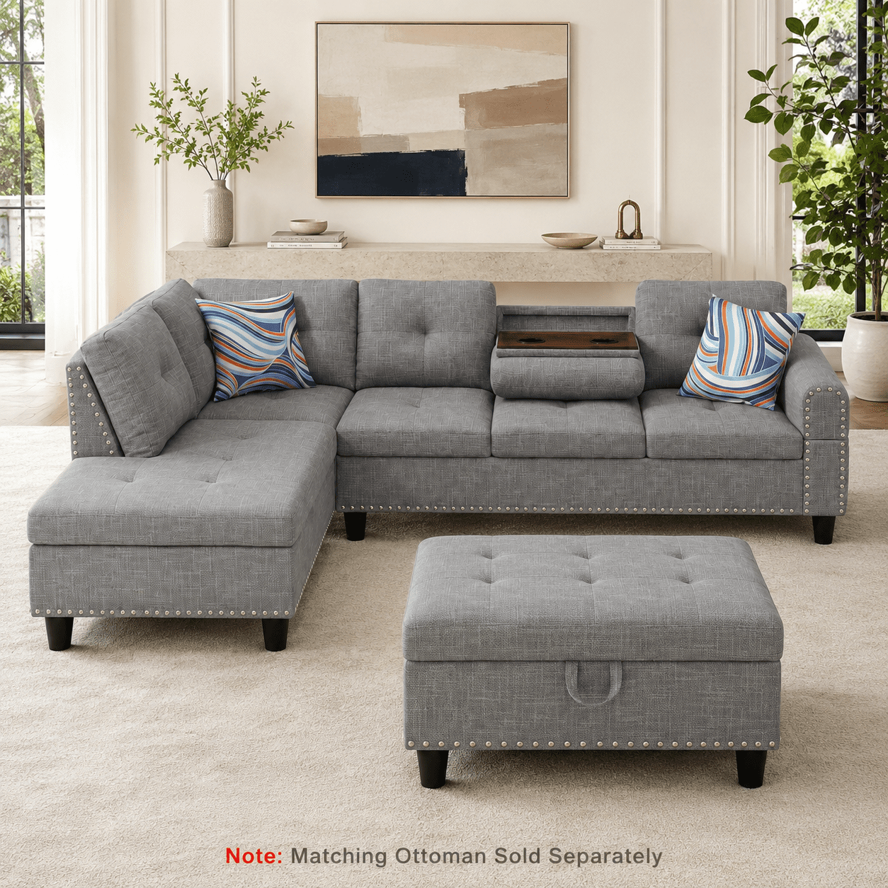 Momspeace 3 Piece Sectional Sofa with Cup Holder, 98" Linen L-Shaped Sofa for Living Room, Gray