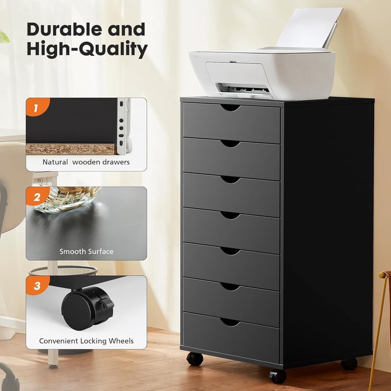 TINKLE WELL 7 Drawer Wooden Rolling File Cabinet, Mobile Compact Storage Dresser for Home Office Organization, Black
