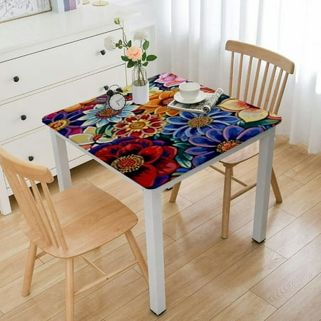 

Flower Fitted Square Table Boho Colorful Floral Elastic Edge Home Decor Tablecloth Dust & Splash Proof Table Clothes for Family Patio Picnic BBQ Table Cover