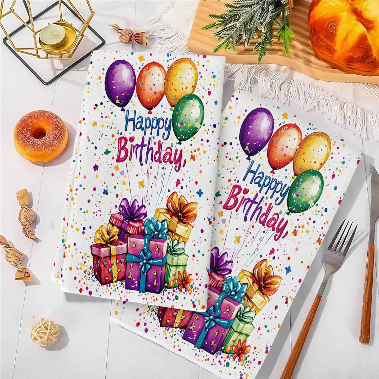 Happy Birthday Kitchen Towels Set of 2, Colorful Balloon Gifts Patterns Soft Microfiber Dish Towels, Absorbent Quick-Dry Washable Dishcloths for Kitchen Cleaning, Drying Dishes, 18x28 Inches